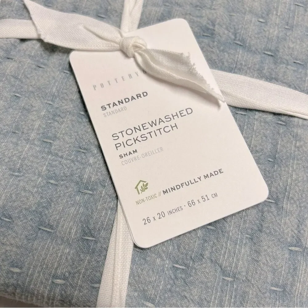 Pottery Barn Pillow Sham Cover Standard Stonewashed Pickstitch Light Blue NWT